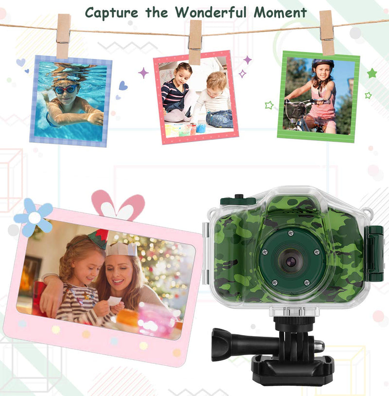 Waterproof Camera for Kids, Christmas Birthday Gifts for Boys Girls 3-12 Year Old, Mini HD Toddler Digital Video Children Travel Camcorder, 2 Inch IPS Screen with 32GB Card (Green) Green