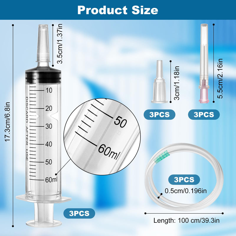 [AUSTRALIA] - Pack of 3 Syringes 60 ml, Reusable Sterile Syringe with Hose, Syringe with Blunt Needle Dosing Syringe Plastic Syringe for Laboratory Animal Feeding Plant Watering, Individually Packed 