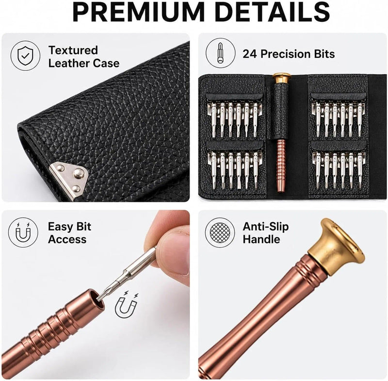Black Mini Precision Screwdriver Set for Electronics Repair | Magnetic rotatable handle, non-slip grip, 4.2x2.5x0.6in pocket size, for smart devices & consoles.