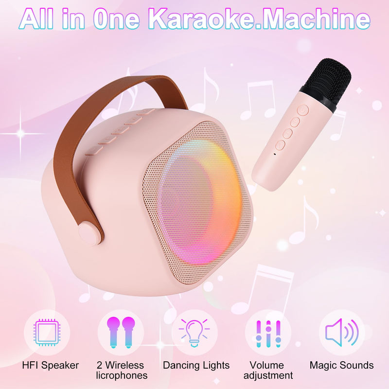 Karaoke Machine for Kids Adults, Mini Portable Bluetooth Karaoke Speaker with 2 Wireless Microphone and Lights,Toys for All Smartphones,Birthday, Family,Home Party Pinkcolor