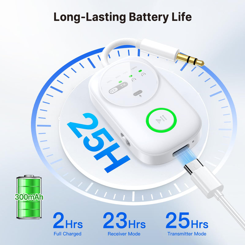 Bluetooth 5.4 Transmitter Receiver for 2 AirPods/Headphones, 2-in-1 Wireless Adapter with Microphone, Audio Adapter with 3.5mm Audio Jack, Suitable for Airplane, Car, TV, PC, Home Stereo White