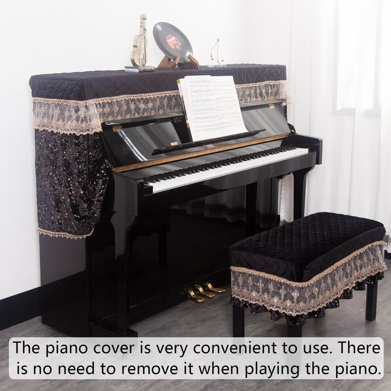 Luxury Velvet Piano Cover for Upright Pianos, Black with Gold Stars and Lace Trim, Quilted Top