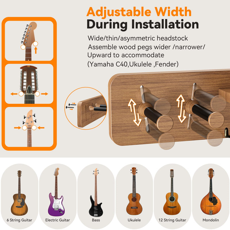 USION 2-Pack Guitar Wall Mount, Adjustable Guitar Hanger Wall Mount with Pick Holder and 2 Hooks Wood Guitar Wall Hangers, Guitar Holder for Acoustic, Electric, Bass, Ukulele(Brown 2PCS) brown 2PCS