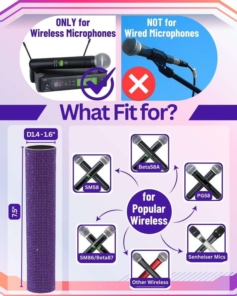 Purple Rhinestones Microphone Sleeve for Wireless Mic Shuer SM58 Beta 58A Handheld Cover Decorative Shine