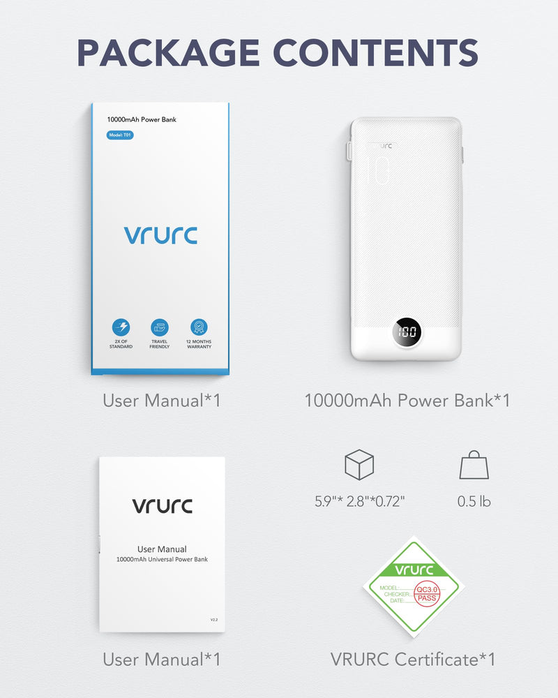 VRURC Portable Charger Built-in Cables and AC Wall Plug, USB C Power Bank 10000mAh, [2023 Upgraded Version] Phone Charger Compact Lightweight External Battery Pack for Smart Phones, Tablets etc-White White