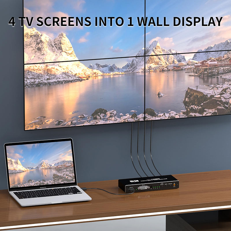 Video Wall Controller 2x2 4k, HDMI TV Video Wall Processor，4 tv Screens into 1 Wall Display with 180 Degree Rotate，Multiple tv Screens one Picture, 8 Splicing Modes 2x2,1x2,1x3,1x4,2x1,3x1,4x1