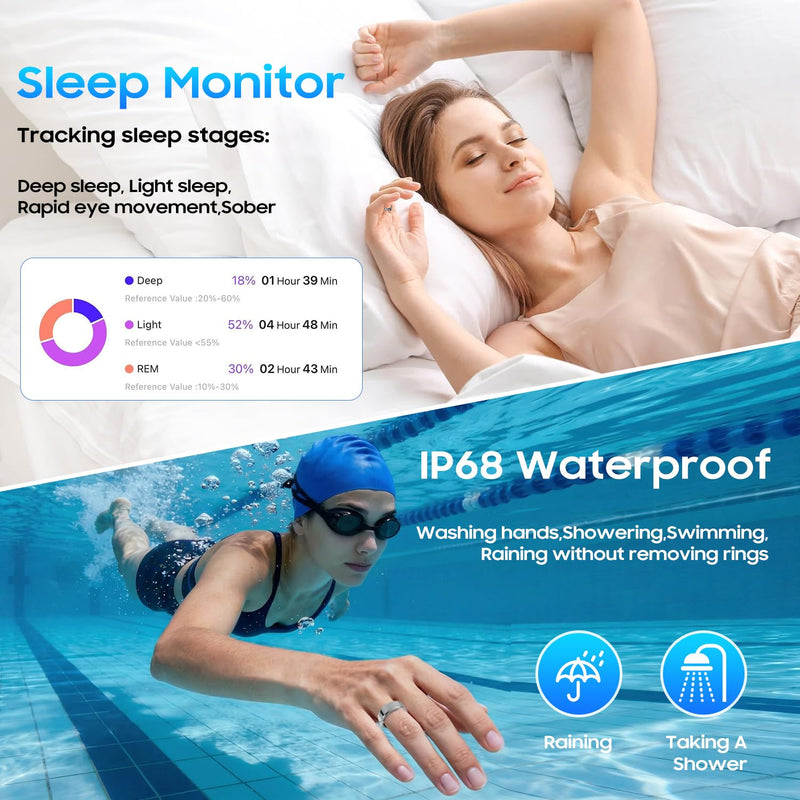Smart Ring for Women Men, IP68 Waterproof Health Tracker with No Subscription Fee, Sleep and Stress Monitoring, Activity Fitness Ring, Android/iOS Compatible(Silver,10)