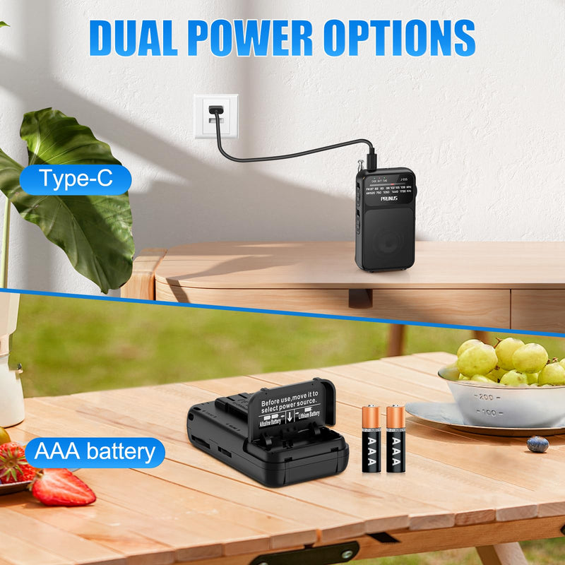 J-555 Pocket Radio AM FM USB-C Charging& Battery Operated, Excellent Reception& Clear Speaker and Headphone Jack, Back Clip, Flashlight, Transistor Radio, Portable Radio AM FM, Mini Radio Black