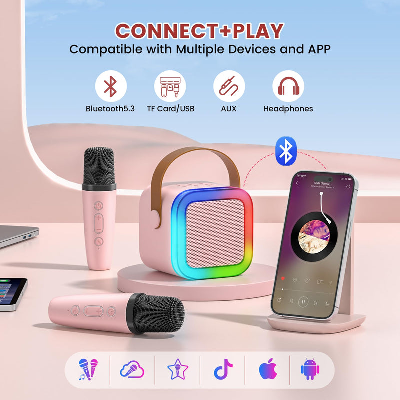 Mini Karaoke Machine for Kids,Portable Bluetooth Speaker with 2 Wireless Microphones,Toddler Music Player Toys,Easter Birthday Gifts for 3,4,5,6,7,8,9,10,11,12+Years Old Girls Boys (Pink) Pink