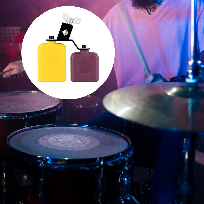 Jam Block,Plastic Cow Bell Double Sambago Bell Jam Block for Band Practice,Festival Performance,Latin Percussion Instrument Kit (Yellow-Purple) 6.2 inch Yellow-Purple