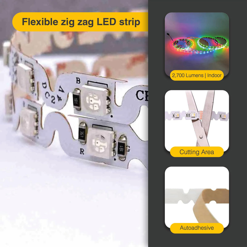 [AUSTRALIA] - LED Lighting 12V 16.4ft UL 5050 SMD Zig-Zag LED Strip Lights Dimmable 660lm/m 6.2W/m 300 LEDs 60 LEDs/m IP33 Non-Waterproof. S Shape Angle Turning Capable (RGB) RGB (Red, Green, Blue) 