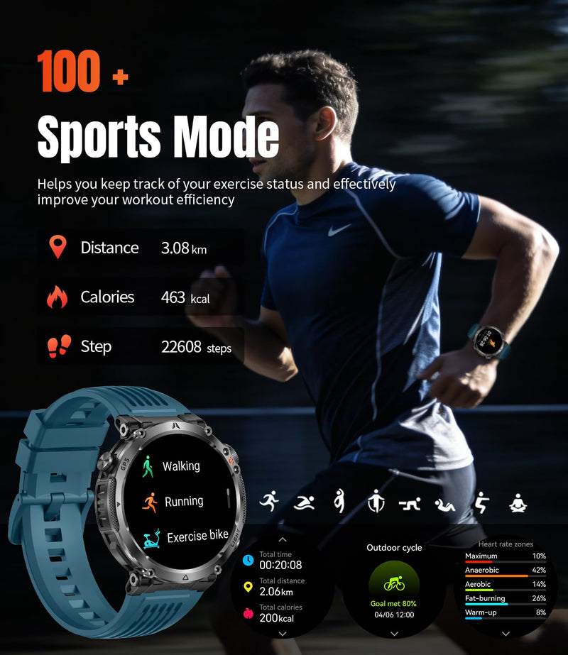 Military Smartwatch for Men with GPS, 850nAh, 1.7-Inch HD Outdoor Watch | 3ATM Waterproof, Answer/Make Call, with LED Flashlight / 100+ Sports Modes / Fitness Tracker, Compatible with Android & iOS Blue tape