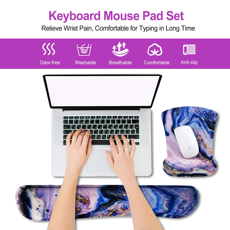 ArtSo Keyboard Wrist Rest and Mouse Pad with Wrist Support, Ergonomic Mouse Pad, Durable & Comfortable & Lightweight for Easy Typing Pain Relief, Memory Foam Keyboard Mousepad Set, Purple Marble