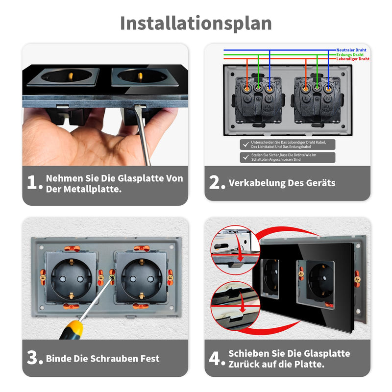 LIAONFOY Schuko Double Socket with Child Safety Lock Glass Frame 2-Way Wall Socket Flush-Mounted Black Double 110-250 V 157 mm 2-gang socket