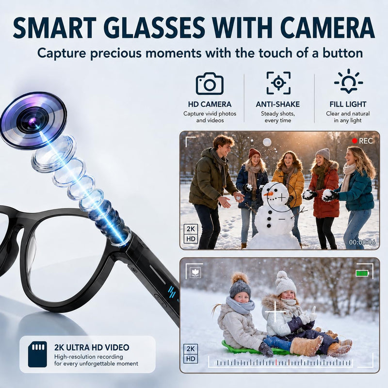 AI Smart Glasses with Camera, 2K Video, Translation, Object Recognize