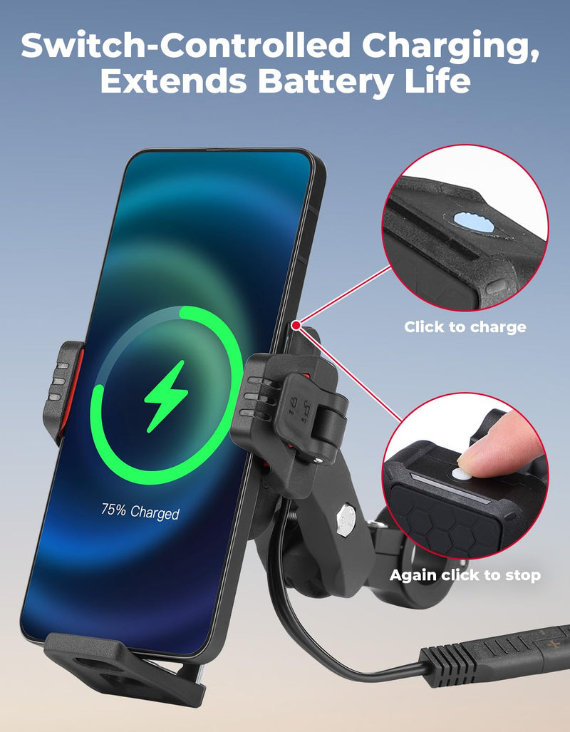 KEMIMOTO Anti-Theft Motorcycle Phone Mount with Qi 15W Wireless Charger | with 33W PD/USB-C Fast Charging Port, Anti-Vibration Dampener, One-Hand Operation, 360° Adjustable for 5.4''-7.2'' Cellphone