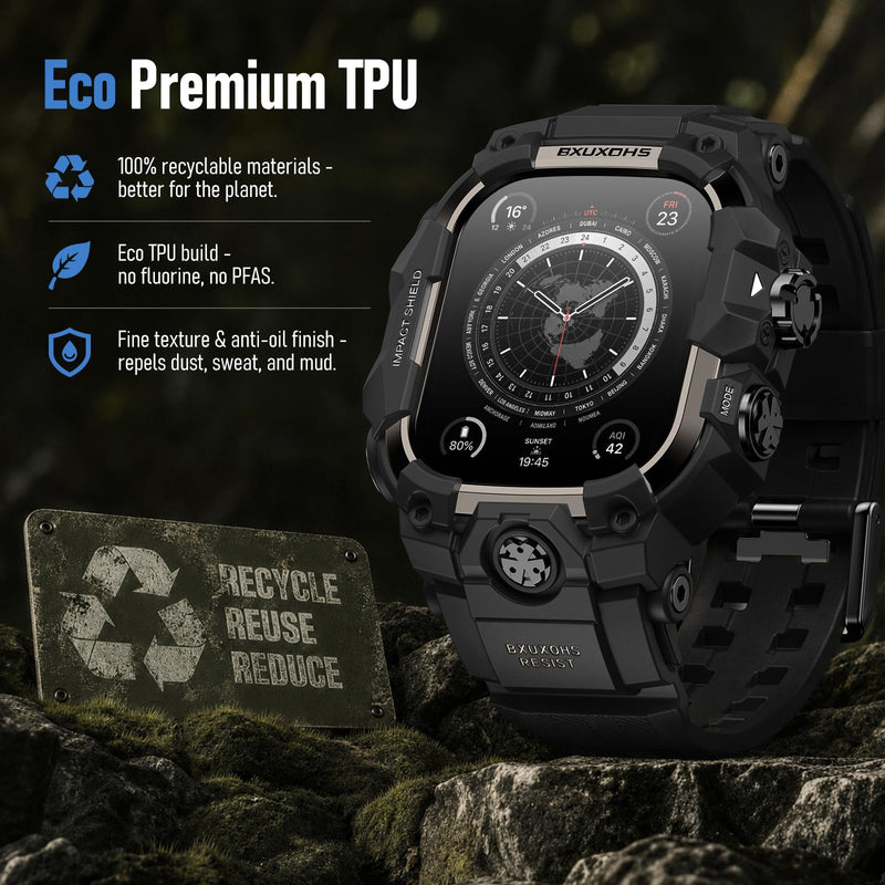 BXUXOHS Rugged Case and Band for Apple Watch Series 9/8/7 45mm Cover Men | Military-Grade Tactical Durable Case,Shockproof Metal Bumper,Mudproof Waterproof TPU Band Cover for iWatch 9/8/7 45,Black 03-Black & Titanium Black