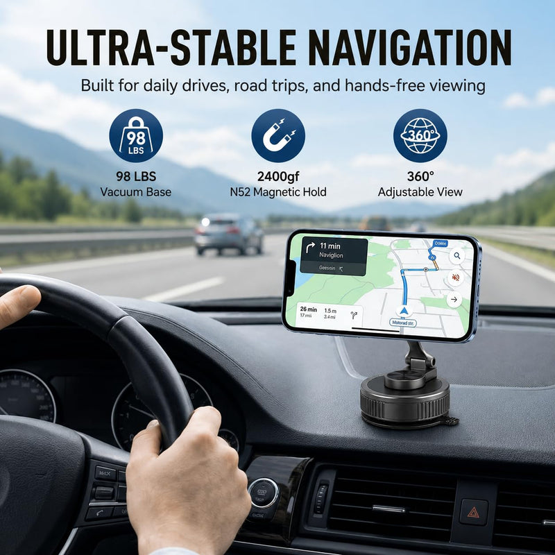 Suction Phone Mount for Car, Twist-Lock, Fold-Flat for MagSafe | Up to 98 lb suction, 2400gf N52 magnetic hold, zinc alloy body, 360° adjustable, folds to 0.75 in, magnetic ring included