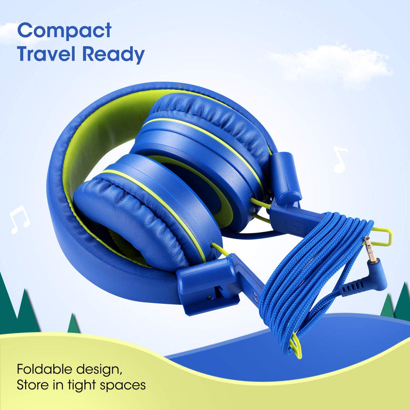 noot products Kids Headphones with Microphone K12 Stereo 5ft Long Cord with 85dB/94dB Volume Limit Wired On-Ear Headset for iPad/Amazon Kindle,Fire/Toddler/Boys/Girls/School(Blue/Lime) Blue Lime