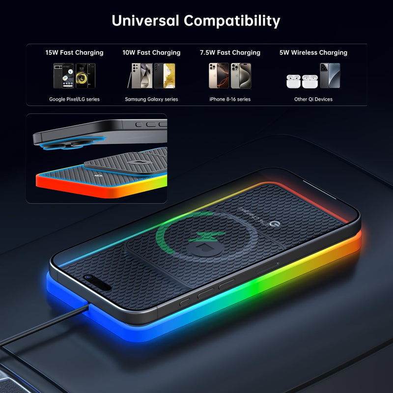 Wireless Car Charger Pad, REESTECQI 15W RGB Wireless Charger for Car Type C Non Slip Charging Pad for Car Compatible with Airpods iPhone16/15/14/13/12, Samsung Google (30CM+ 70CM Extension)