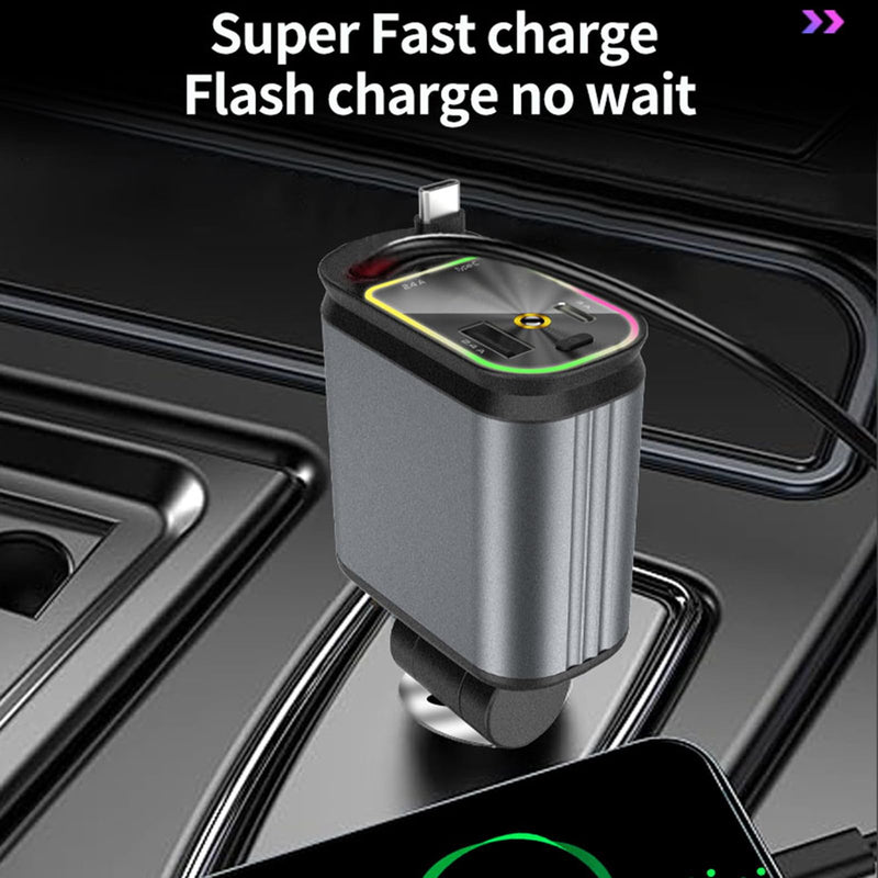 4 in 1 Car Charging Adapter with Star Projector Light Retractable Cable Double USB C & USB A Fast Car Charging for Phone