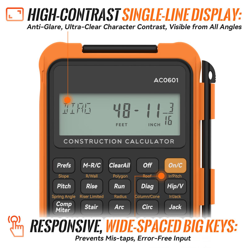Construction Calculator Engineering Calculator with Writing Tablet | Professional Math Tool for Contractors, Carpenters, Feet-Inch-Fraction Converter with Sturdy Protective Cover Gray Orange Construction Calculator with Writing Tablet