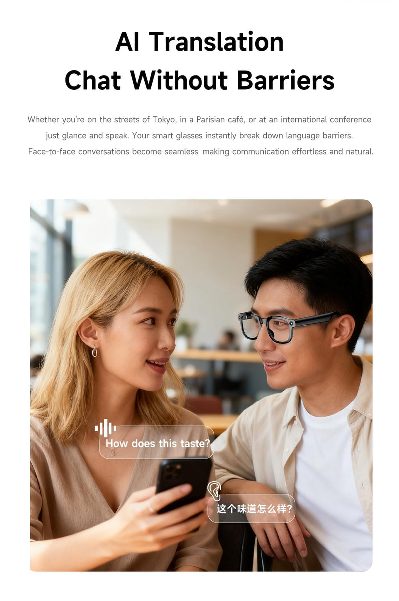 AI Smart Glasses with 4K EIS Anti-Shake Camera, Real-Time Multi-Language Translator Open-Ear Bluetooth Audio Hands-Free Recording Glasses for Travel Vlogging Business Meetings (Black(GS-98)) Black(GS-98)