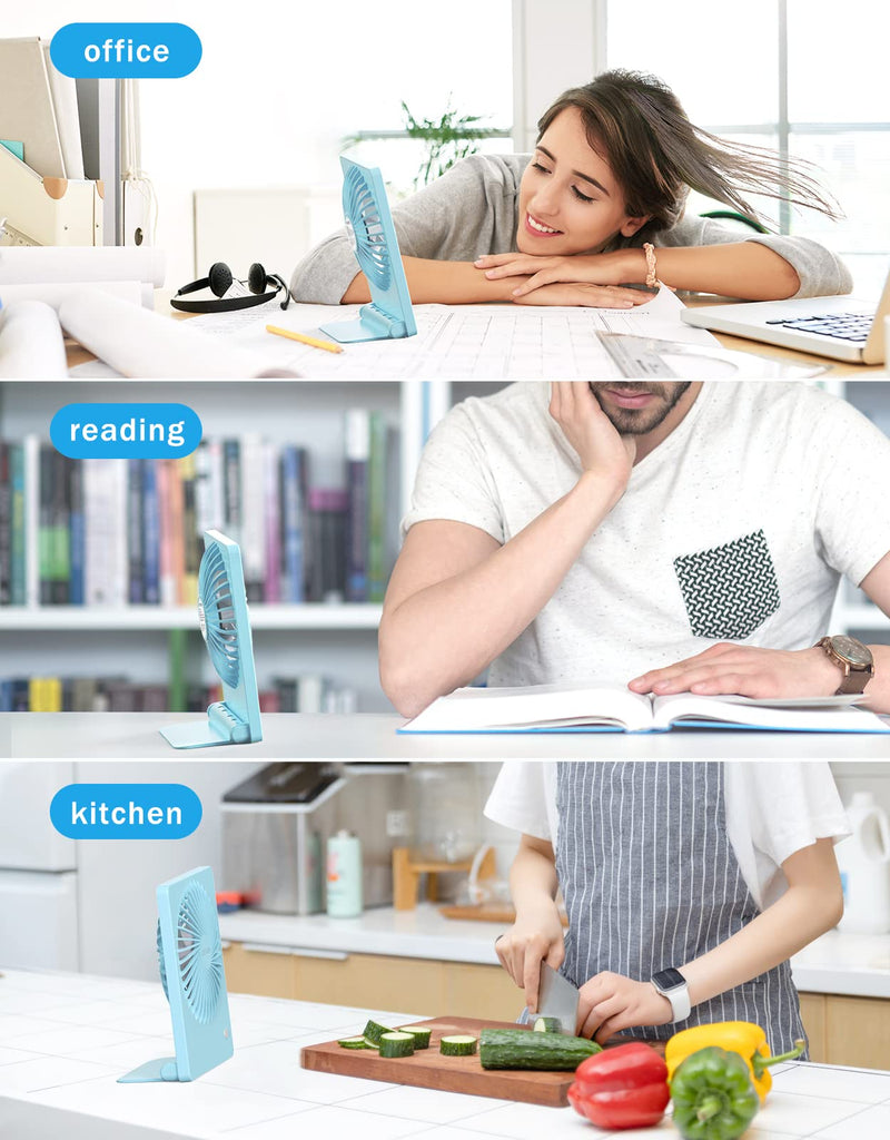 Zuvas Desk Fan Battery Operated Fan Rechargeable 180°Tilt Folding Personal Fan Ultra Quiet Small Portable Fan 3 Speed Adjustable Strong Wind USB Fan For Office Bedroom Home Desktop Camping (Blue) Blue