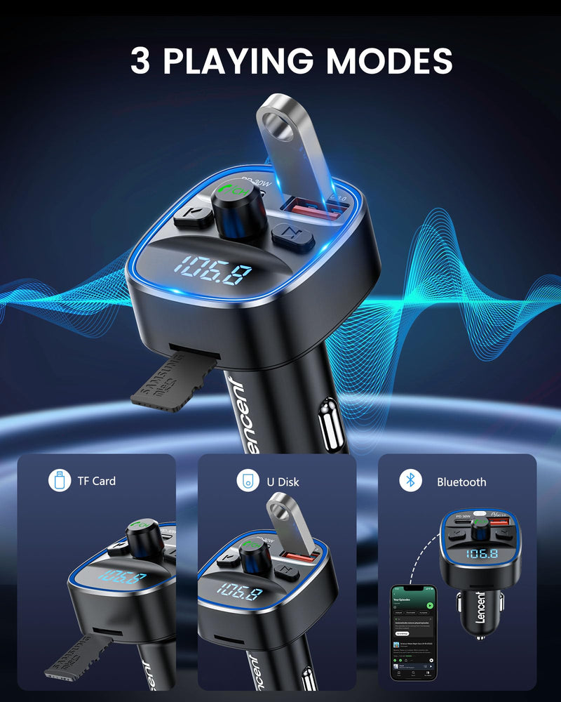 [AUSTRALIA] - LENCENT Bluetooth 5.4 FM Transmitter Car Adapter 48W [PD 30W & 18W] [7 Color Light] [Fast Charging] Wireless Radio Music Adapter Hands-Free Calling, Support USB Drive & TF Card Colorful-48W 