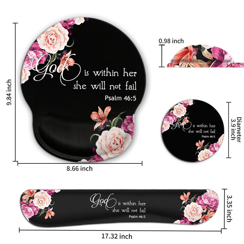 Keyboard Wrist Rest Pad and Ergonomic Mouse Pad Wrist Support Set for Computer, Gaming , Office, Pain Relief + Coasters，Peony Flower Psalm 46:5 God is Within Her, She Will Not Fall Fd-wristrest-3
