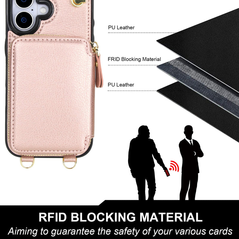 Bocasal for MagSafe Crossbody Wallet Case for iPhone 17, Rose Gold | for Wireless Charging RFID Blocking Protective Purse Case with Card Slot Holder Kickstand Wrist Strap Lanyard Zipper 6.3 Inch Rose Gold for MagSafe
