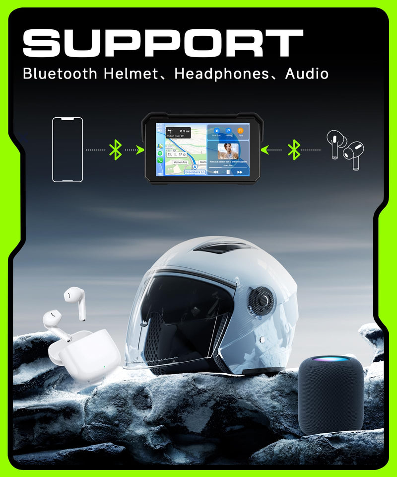 Motorcycle CarPlay Screen 5 inch Portable Wireless Carplay Android Auto for Motorbike Waterproof Touchscreen, Supports GPS Navigation, Bluetooth, IP68 Waterproof for Motorbike