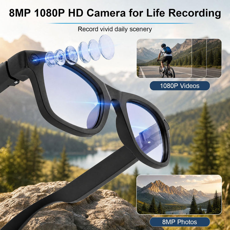 AI Smart Glasses with Camera, 8MP HD Capture 1080P EIS Video & ChatGPT | AI Sunglasses, Hands-Free Video & Photo, 165-Language Real-Time Translate, Dual Open-Ear Speakers, for Travel/Work/Daily