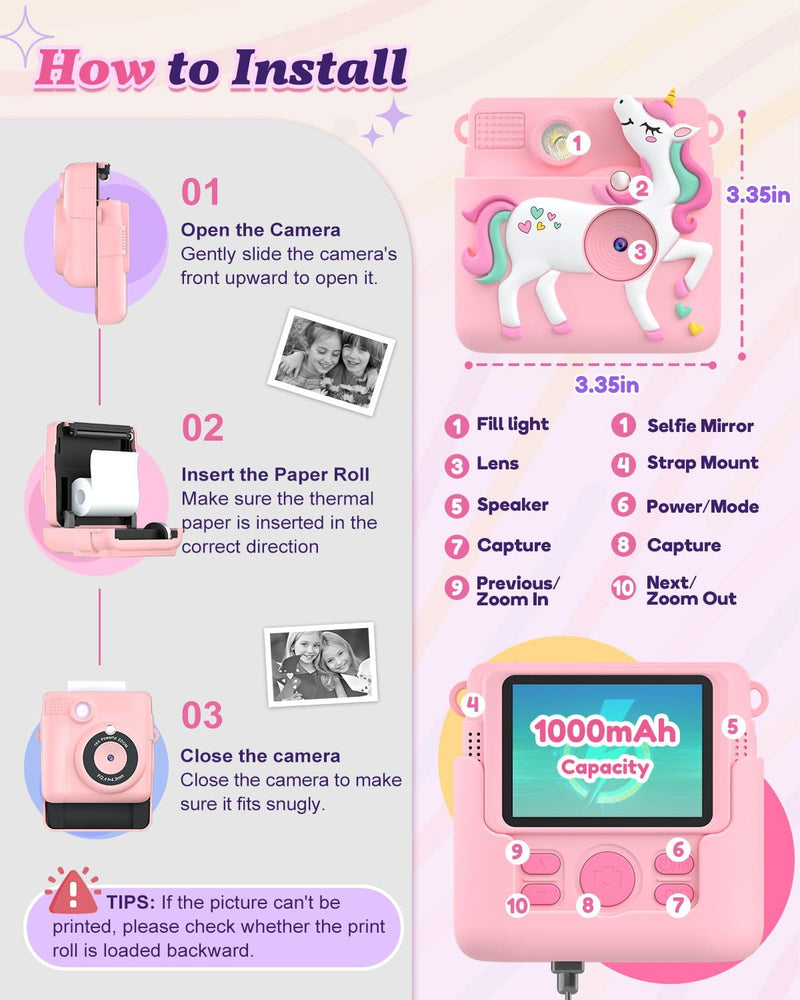Kids Camera Instant Print, 1080P Cameras for Kids Girls Toys Age 6-8, Christmas Birthday Gift for 7 8 9 10 Year Old Girls, Kids Toys for Girls Age 3-12 with 3 Rolls Paper and a 32G Card-Pink Pink
