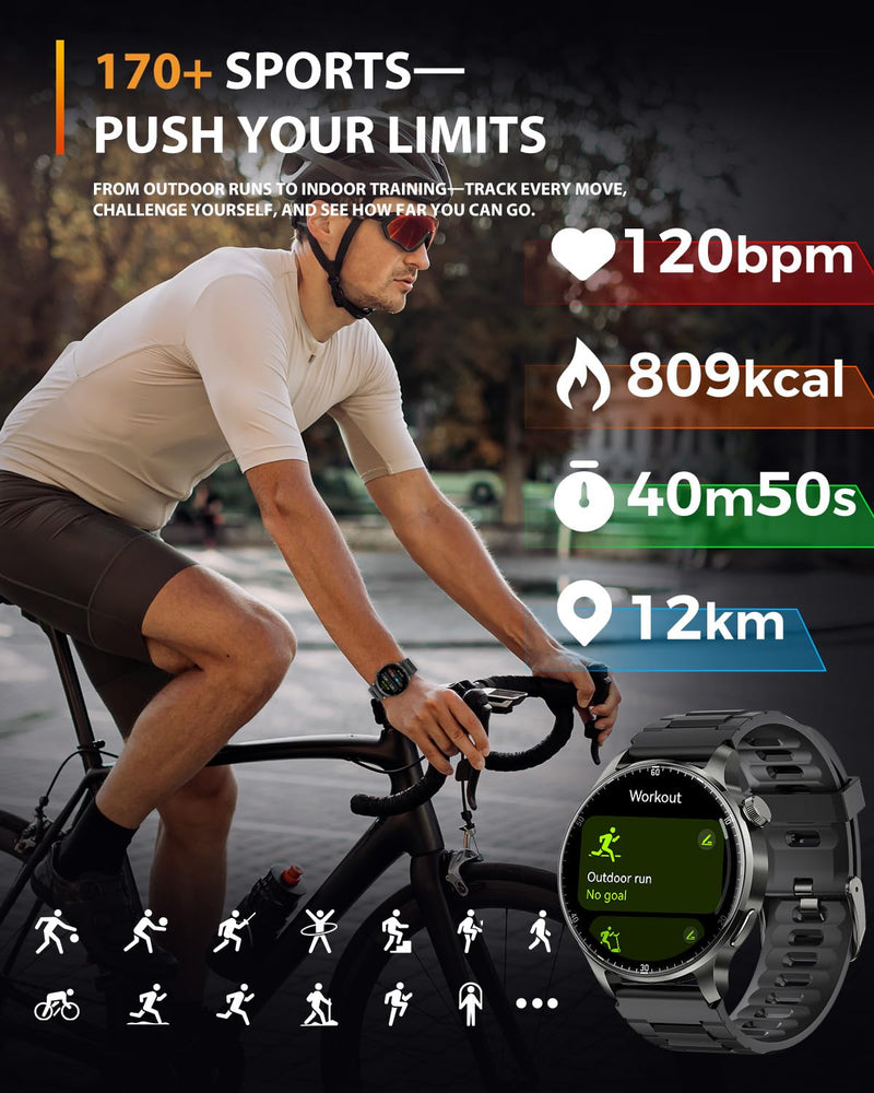 Smart Watches for Men Women with GPS (Answer/Make Calls), 1.52" AMOLED Smartwatch, 170+ Sport Modes Step Counter Fitness Activity Tracker with Sleep Stress Monitor, for Android iPhones Black