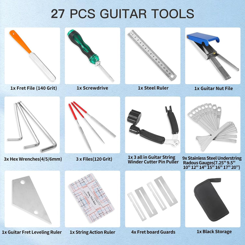 27 PCS Guitar Tools for Set Up, Intonation Adjustment and Repair, Guitar Maintenance Kit for Guitar Bass Banjo and Ukulele, Guitar Gift for Guitar Enthusiast