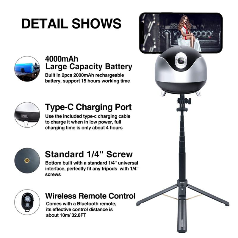 Auto Face Tracking 360 Camera Tripod for Cell Phone Rotating with Remote, iyesku 2-Axis Smart AI Face Recognition 360 Selfie Stick Rotation Tripod Mobile Phone Holder TikTok Camera Tripod (Black) Black
