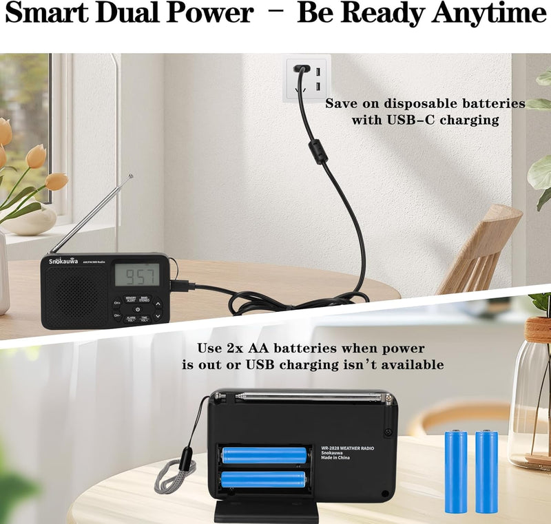 AM FM Radio, Portable Emergency Weather NOAA Radio, Small Digital Radio with Dual Mode Storage, Digital Tuner, Sleep Timer, Wall Plug and Battery Powered (Grey) Grey