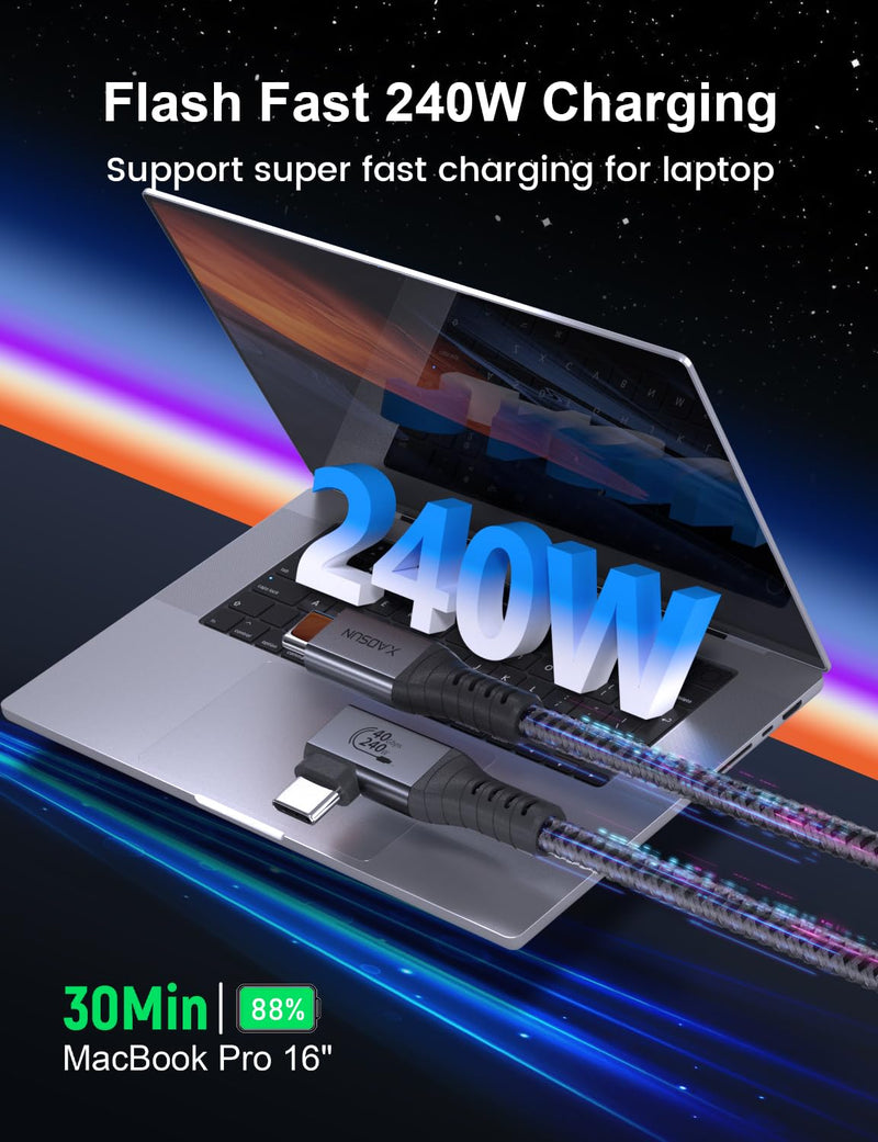 XAOSUN 240W USB 4 Cable for Thunderbolt 4, 3.3FT Right Angle Thunderbolt 4 Cable 90 Degree, 40Gbps [USB-IF Certified] USB C to USB C Cable 8K@60Hz, for MacBook, SSD, Docking, eGPU and iPhone 16