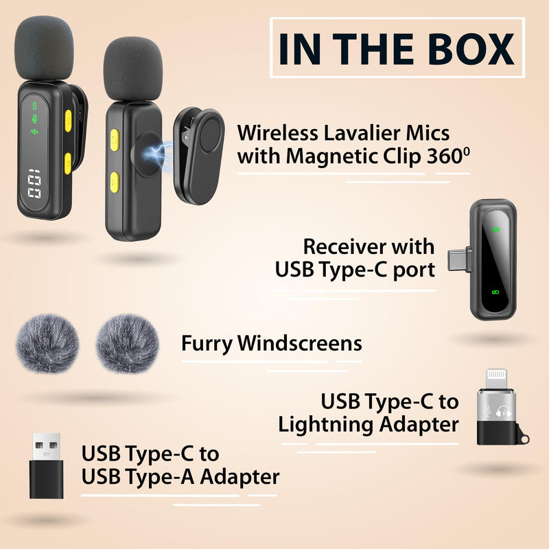 Wireless Lavalier Microphone for iPhone Mini Mic Android/Tablet/PC Video Recording Clip-on Mics with Rotatable Clip&Denoise Recording, Ideal for Vlog Tiktok Youtube Podcast Content Creator Wireless USB C