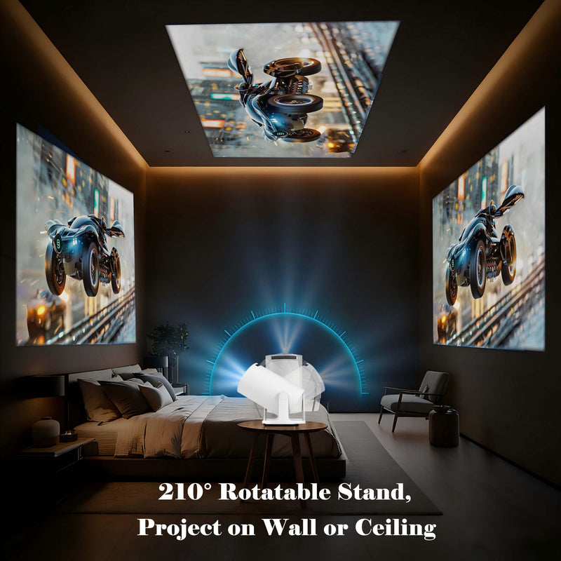 Smart Short Throw Projector with WiFi and Bluetooth, 210° Rotatable Mini Projector with Android System, Built-in Apps, Auto Keystone, Portable Ceiling Movie Projector for Bedroom & Outdoor Use Basic Edition