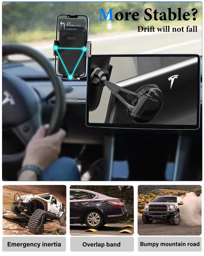 Tesla Phone Holder [Strong Backup Sucker] Screen Phone Mount for Tesla Model 3/Y/X/S, Hands Free Car Cell Phone Stand, Compatible with iPhone 15/14/13/12/ Pro Max, Galaxy, 4-7" Smartphones