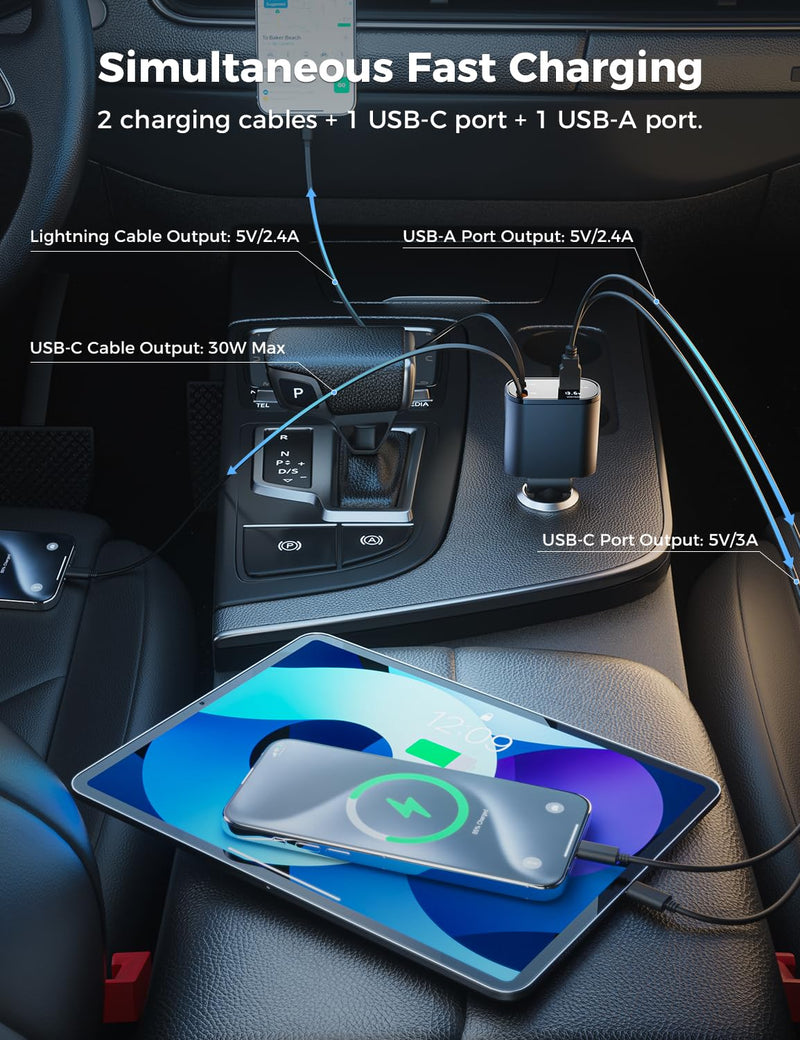 【Upgraded】 SUPERONE Retractable Car Charger 4 in 1, Fast Car Phone Charger with Cord 2.6ft, USB C and Lightning Car Charger Adapter, Compatible with iPhone 15/15 Pro Max/14/13/12/11, Galaxy, Pixel Black