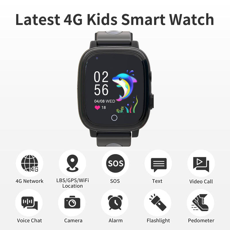 4G Kids Smart Watch Boys with GPS Tracker Phone/Video Call Alarm SOS Camera Pedometer Stopwatch Caculator Flashlight GPS Watch for Kids Age 5-12