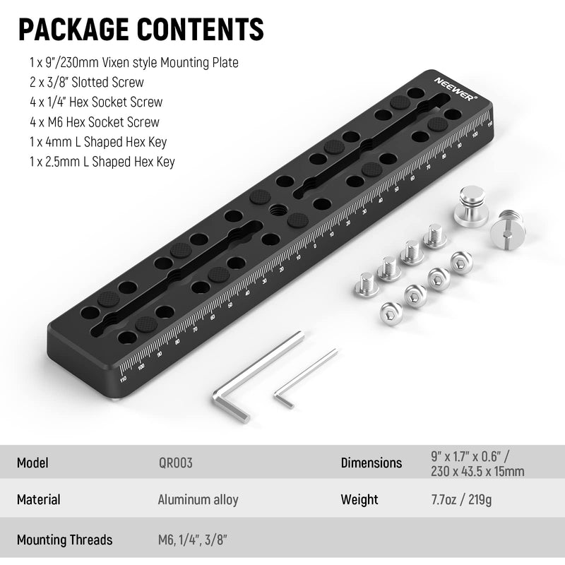 NEEWER 9"/230mm Rail Bar Vixen Style Dovetail Plate, Metal Mounting Plate Saddle with M6 1/4" 3/8" Camera Screw for Telescope Mount Adapter OTA Equatorial Tripod Sky Astrophotography, QR003