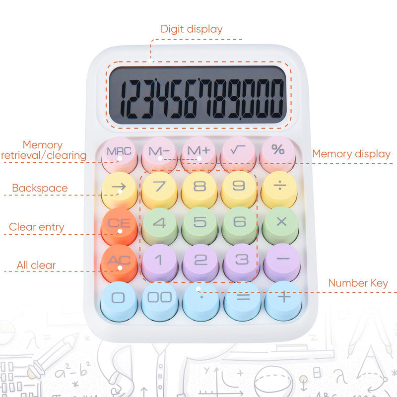 Mechanical Pushbutton Calculator,12 Digit Large LCD Display,Big Buttons Easy to Press,Colorful Candy Calculator,Automatic Sleep,with Battery.for Office,School, Home. (White) white