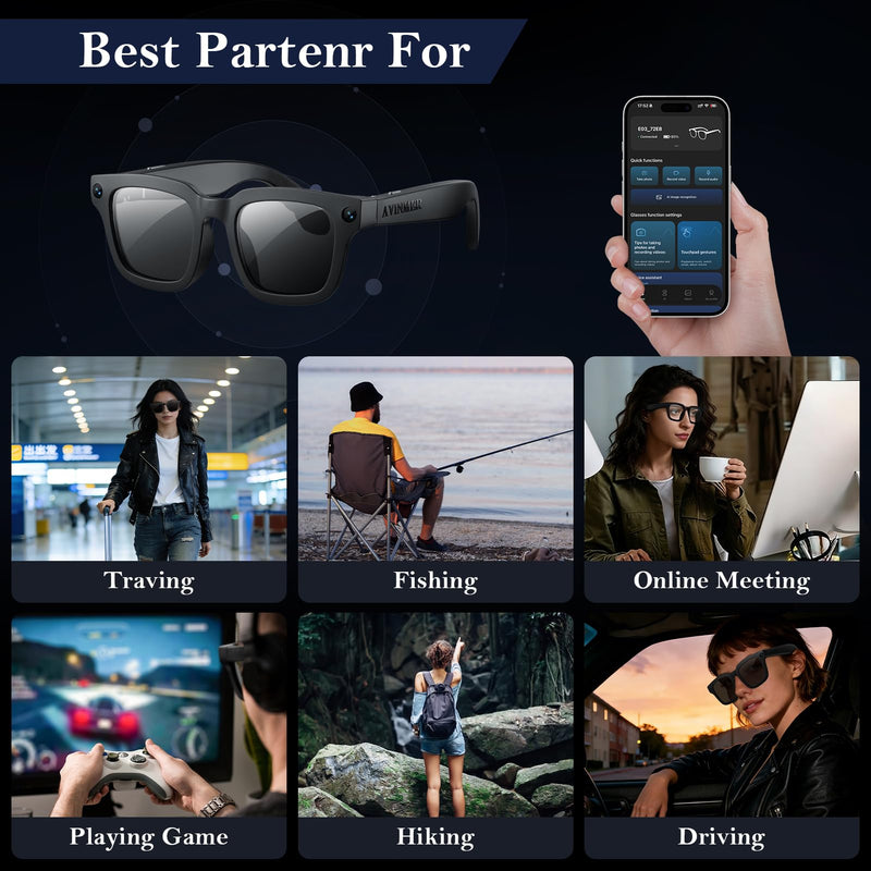 AI Smart Glasses for Cycling & Sports, 8MP Camera Glasses with Hands-Free Video Recording, Bluetooth Audio, Real-Time Translation, Waterproof, Outdoor Action Smart Glasses