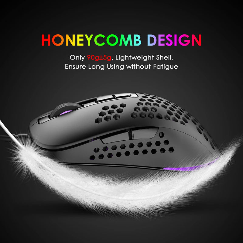 Lightweight Gaming Mouse Wired,USB Optical Computer Mice with RGB Backlit,4 Adjustable DPI Up to 2400,Ergonomic Gamer Laptop PC Mouse with Honeycomb Shell for Windows 7/8/10/XP Vista Linux -Black Black