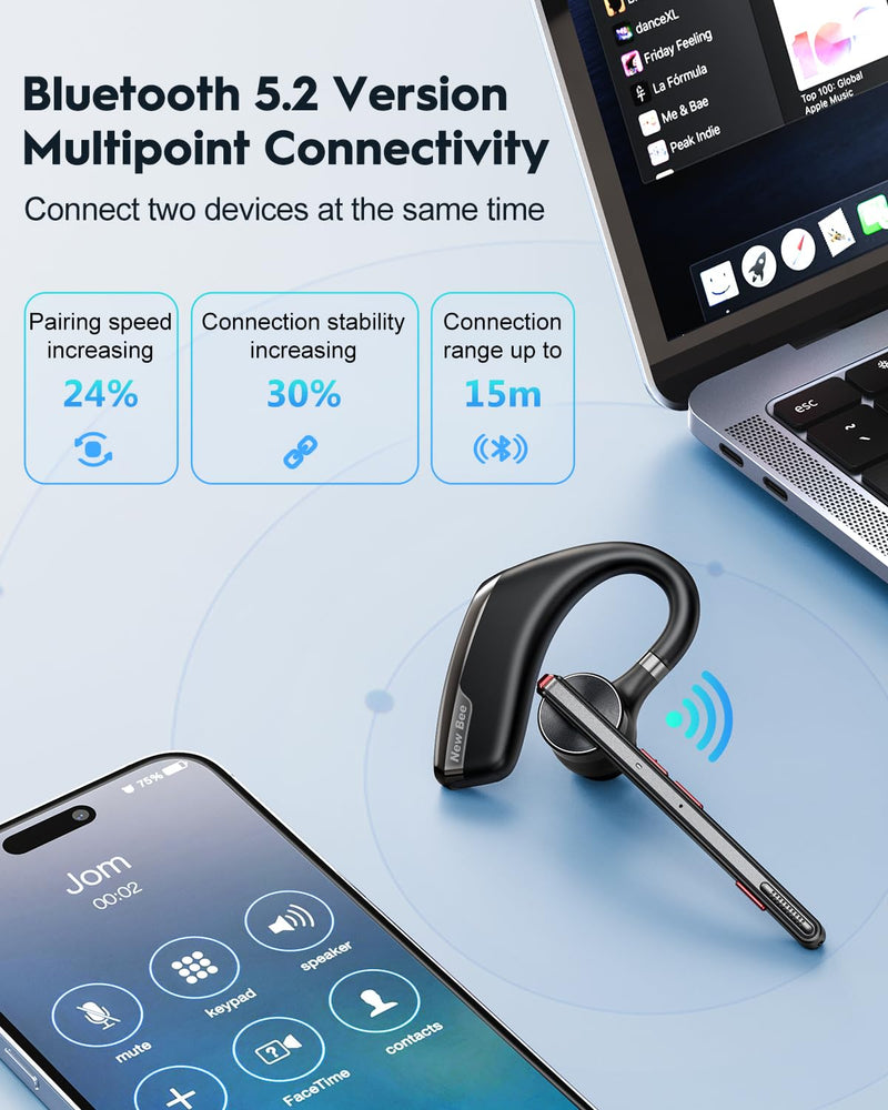 New Bee Bluetooth Headset, Wireless Bluetooth Earpiece for Cellphone with 500mah Charging Case 80h Playtime V5.2 Dual Mic Noise Cancelling Hands-Free Earphones for Office Driver 2 PACK