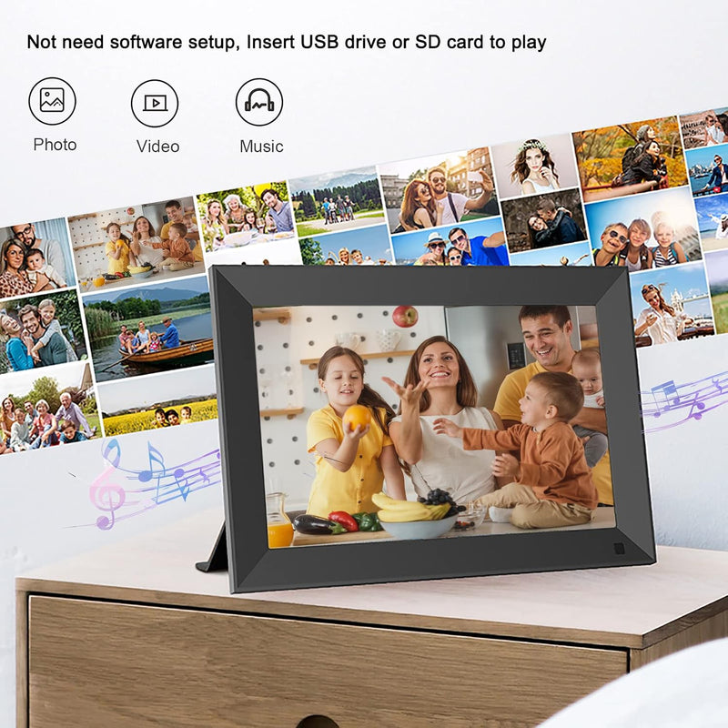 Digital Photo Frame, 10.1 Inch 1280 * 800 IPS High Resolution 16:9 Support 1080P Image Preview, Electronic Photo Frame Support Video / MP3 / Remote Control/Calendar Clock/USB (No WiFi)